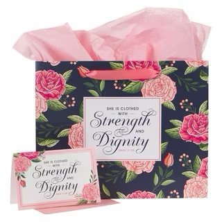 img_0211 Strength and Dignity Pink Rose Large Landscape Gift Bag with Card Set - Proverbs 31:25