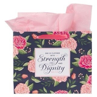 img_0212 Strength and Dignity Pink Rose Large Landscape Gift Bag with Card Set - Proverbs 31:25