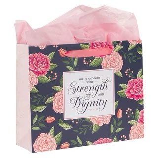 img_0213 Strength and Dignity Pink Rose Large Landscape Gift Bag with Card Set - Proverbs 31:25