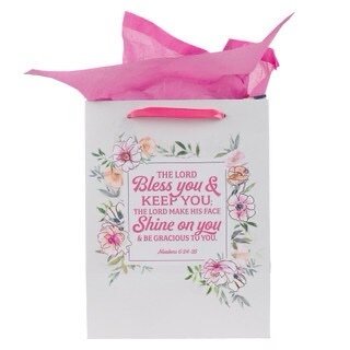 Bless You and Keep You Pink Floral Large Portrait Gift Bag with Card Set - Numbers 6:24-25