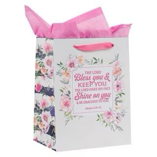 Bless You and Keep You Pink Floral Large Portrait Gift Bag with Card Set - Numbers 6:24-25