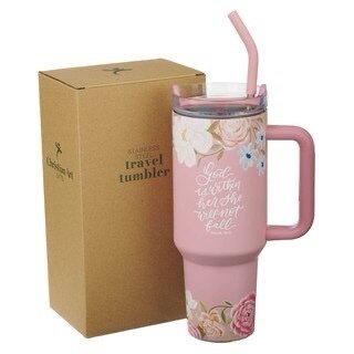 God is With Her Pink Floral 40 oz Stainless Steel Tumbler with Straw