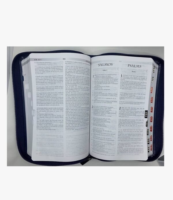 Biblia Bilingue RVR1960 Azul con zipper y Índice/ Blue Bilingual Bible KJV with zipper and index.