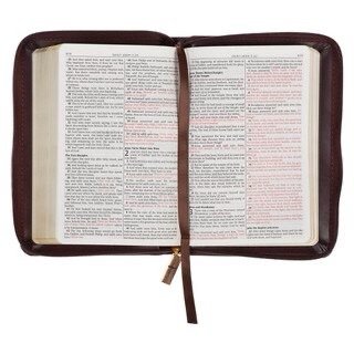 Burgundy and Saddle Tan Framed Faux Leather Compact KJV Bible with Zippered Closure