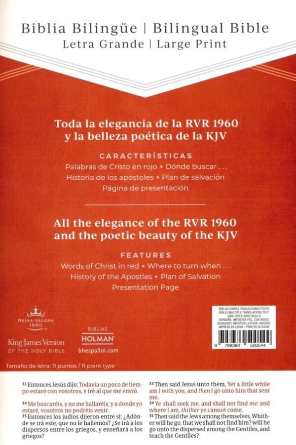 RVR 1960/KJV Biblia bilingue letra grande, borgona imitacion piel, con indice